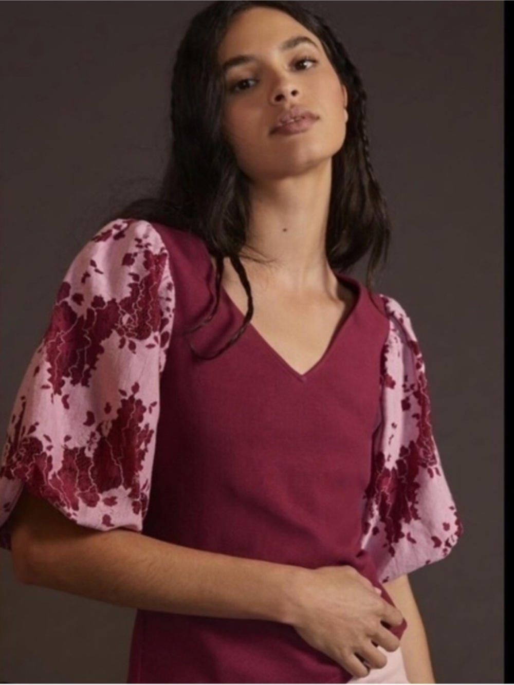 Anthropologie the left coast collection | V-Neck Puff Sleeve Knit Top in Berry
